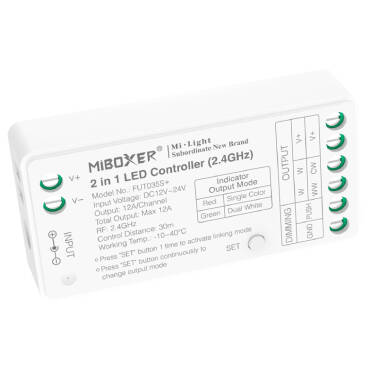 Product Přijímač Stmívač LED Pásku Jednobarevného/CCT 12/24V DC MiBoxer FUT035S+ Kompatibilní s Tlačítkovým Spínačem