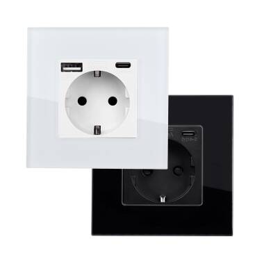 Product van Schuko Contactdoos met 2 USB Poorten type  F met Glazen Frame Modern