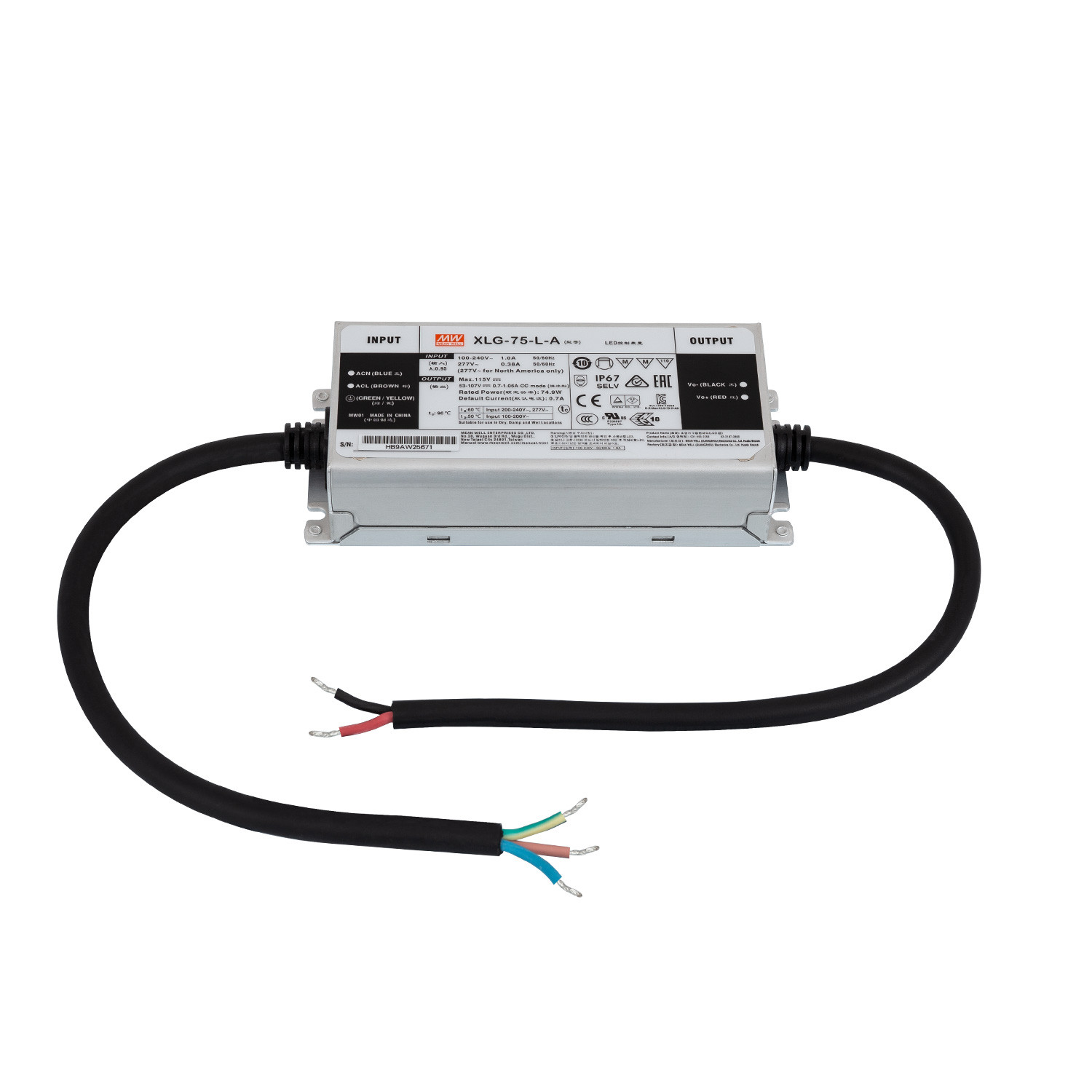 Product van Driver MEAN WELL 100-305V Uitgang 53-107V 700-1050mA 75W XLG-75-L-A IP67