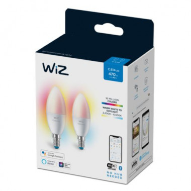Product of Pack of 2u 4.9W E14 C37 Smart WiFi + Bluetooth WIZ RGB+CCT Dimmable LED Bulbs 