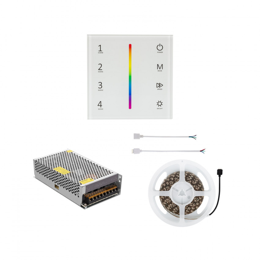 Product van LED Strip RGB 24V DC 60LED/m 5m RGB IP20 Breedte 10mm met Touch Dimmer Mechanisme en Voeding in te korten om de 10cm