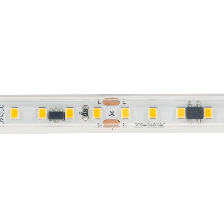 Product of 220V AC 120 LED/m High Lumen Warm White IP65 Dimmable 12mm Wide LED Strip Autorectified Custom Cut every 10 cm