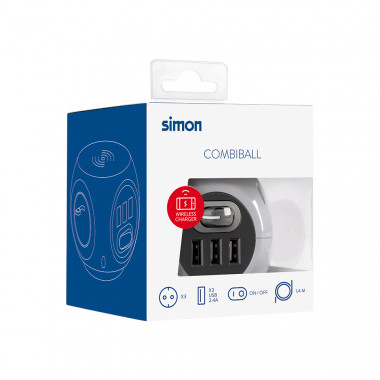 Produkt od 1,4m Prodlužovačka Combiball s Bezdrátovým Nabíjením 3 x Zásuvka typu F Schuko + 3 USB-A SIMON BM516302
