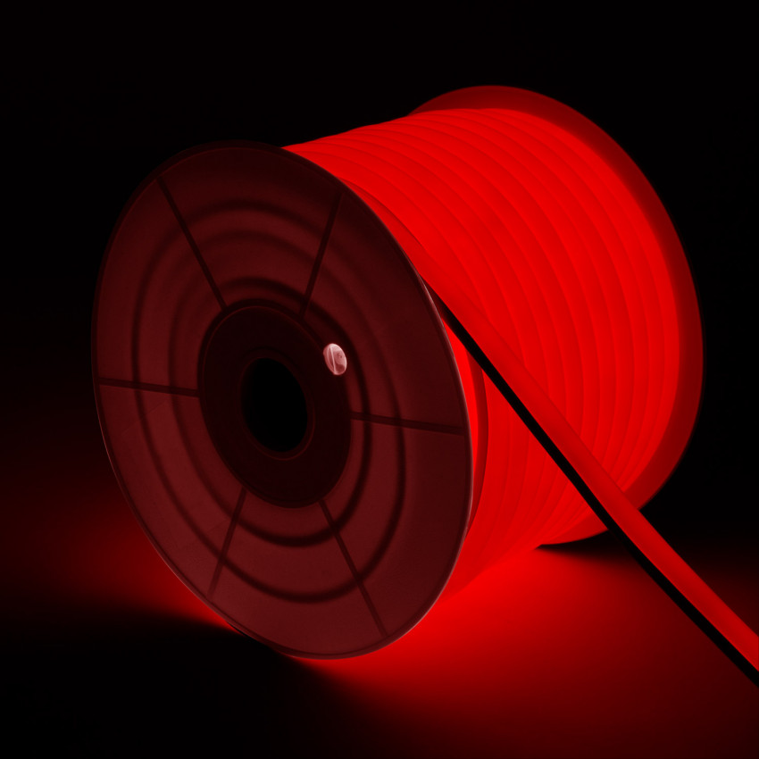 Produkt od 50m Role Stmívatelného Neon LED Pásku 7.5 W/m 220V AC 120LED/m IP67 Půlkruhový 180º Červená Střih každých 100 cm 