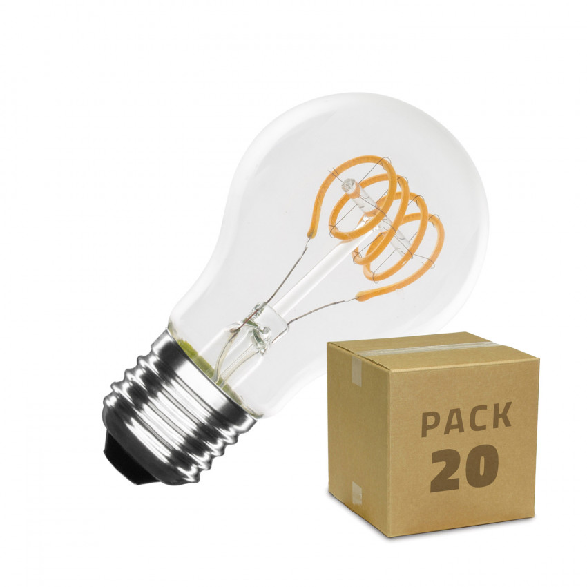 Boîte de 20 Ampoules LED E27 Dimmable Filament Spirale Classic A60 4W Blanc Chaud