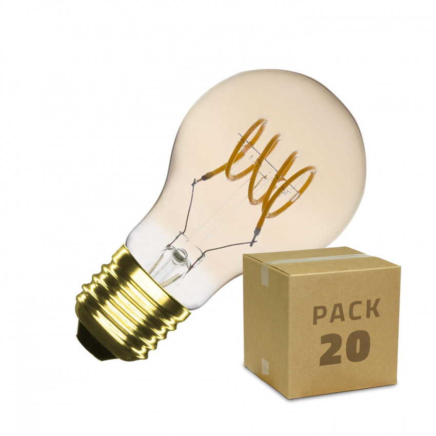 Boîte de 20 Ampoules LED E27 Dimmable Filament Spirale Gold Classic A60 4W Blanc Chaud