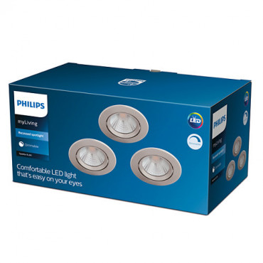 Pack de 3 Spots Downlight LED PHILIPS Dimmable Sparkle 5.5W Coupe Ø 70mm Nickel