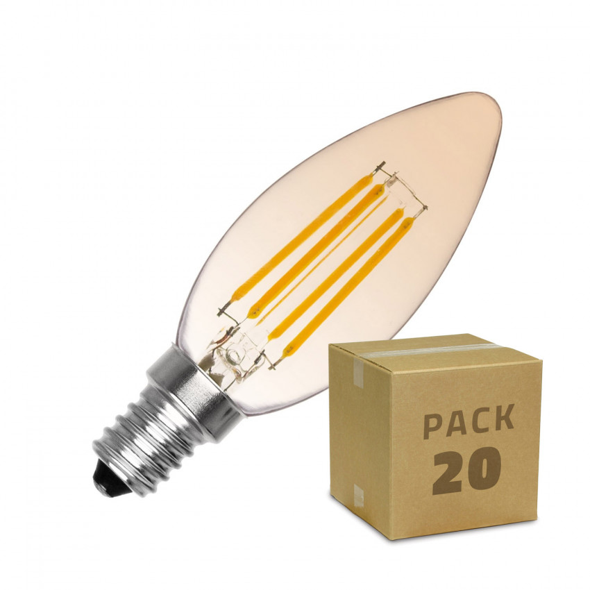 Caja de 20 Bombillas LED E14 Regulable Filamento Classic Gold C35 3.5W Blanco Cálido