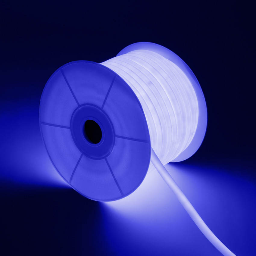 Bobina Striscia LED Neon Dimmerabile 220V AC 120 LED/m 50 m Circolare 360 Azzurro IP67 su Misura Taglio ad ogni 100 cm
