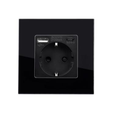 Presa Schuko Tipo F con USB con Cornice Cristal Modern Nero
