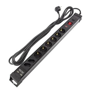 Base multipla a 6 spine di tipo F Schuko Protezione Sovratensioni+2 spine di tipo C+ 2xUSB 5m Nero