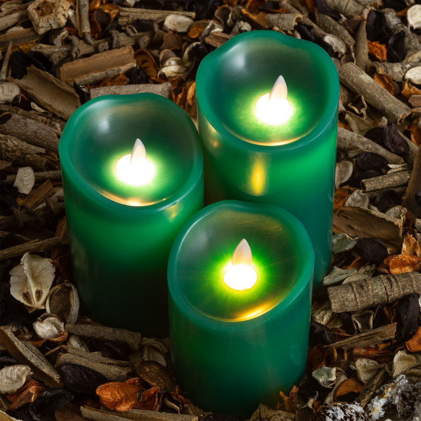 Set of 3 Green Special Flame Natural Wax LED Candles