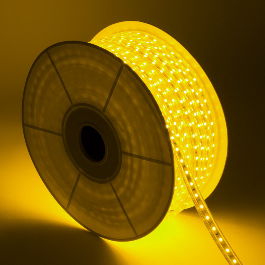 50m Dimmable LED Strip in Yellow 220V AC 100 LED/m IP67 Cut Every 25cm 